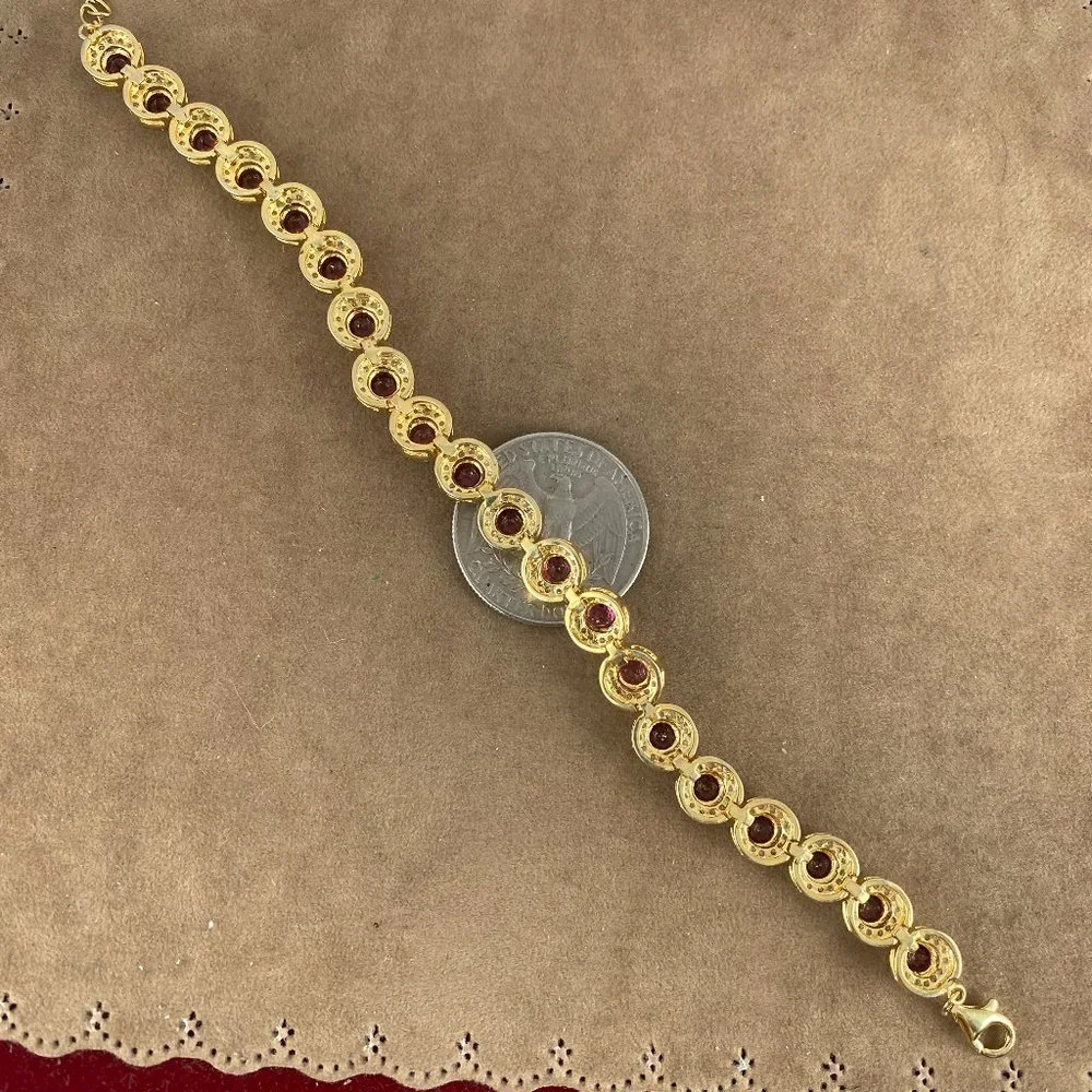 NEW Rhodolite 20 4MM Garnet with CZ Halo Settings 925 Gold Vermeil Bracelet - Picture 6 of 9